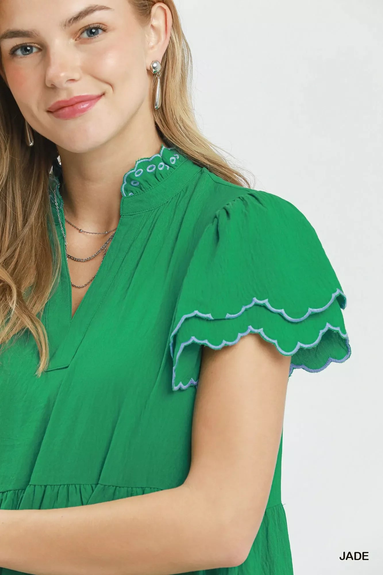 Umgee Scallop Flutter Sleeve Tiered Mini Dress