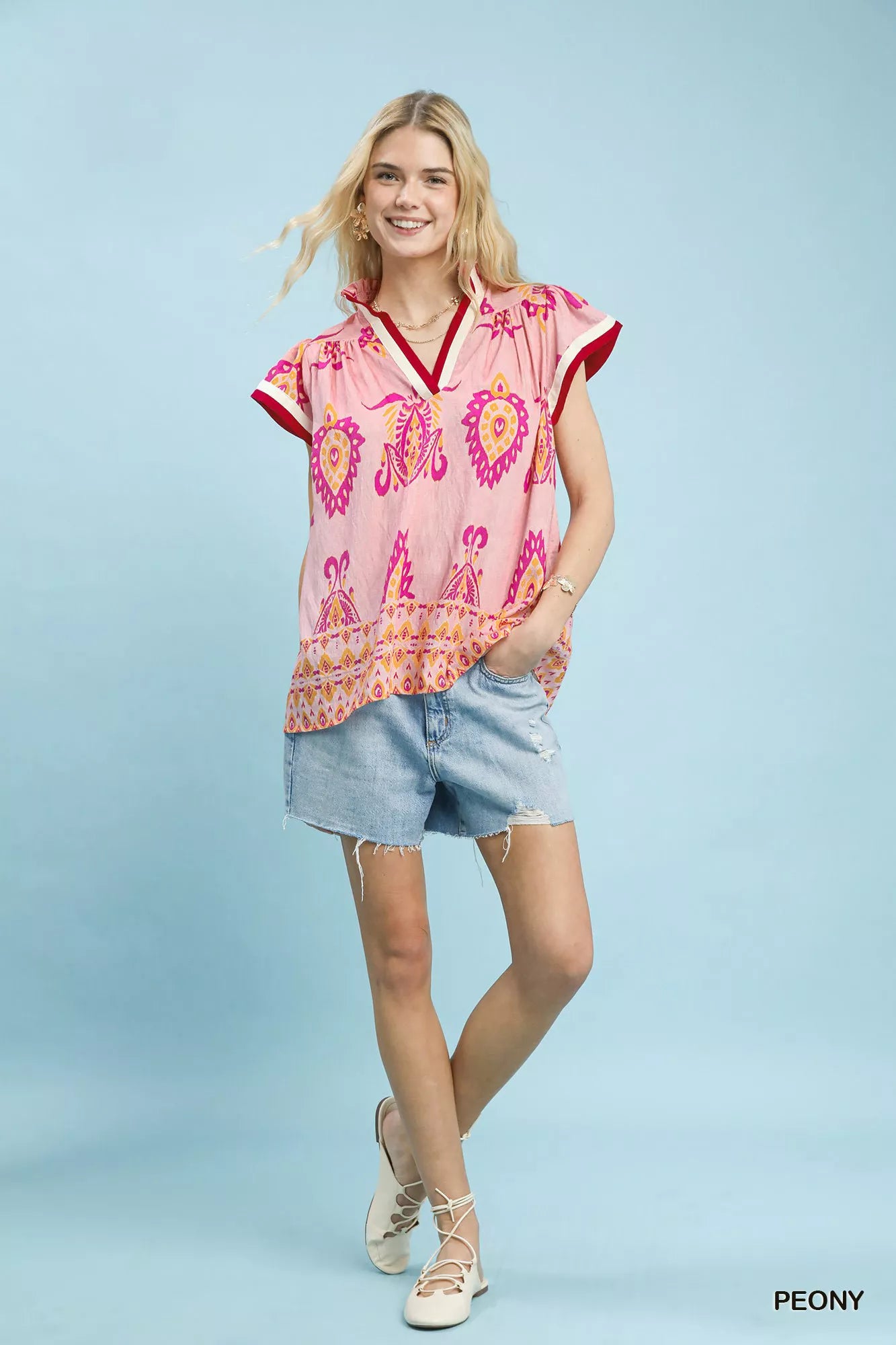 Umgee Border Print Split-Neck Boho Top