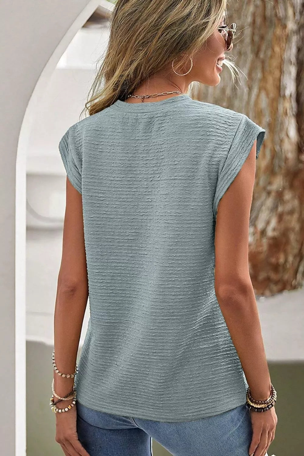 Solid Color Textured Crew Neck Top