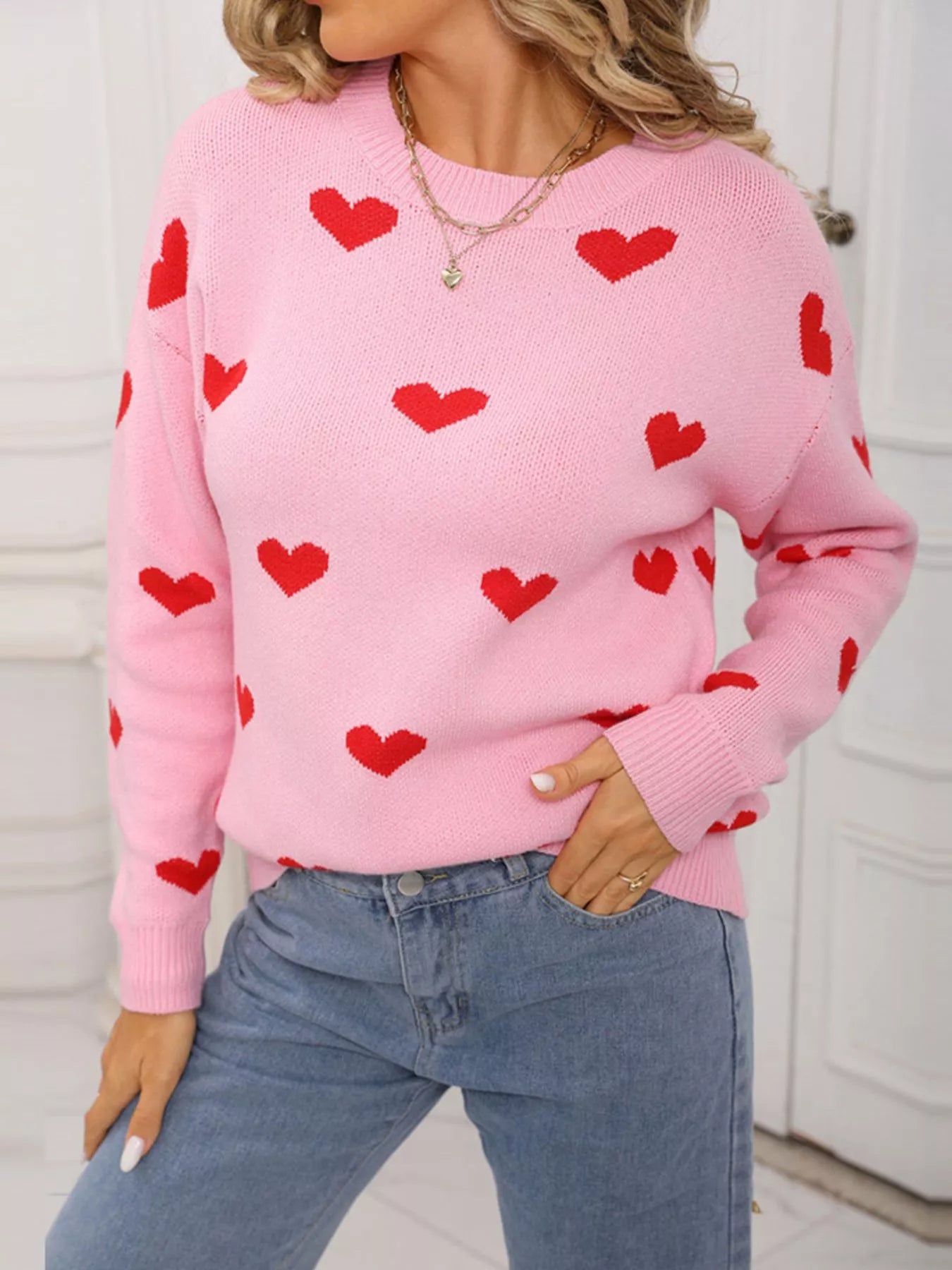 Valentine's Day Heart Pattern Dropped Shoulder Sweater