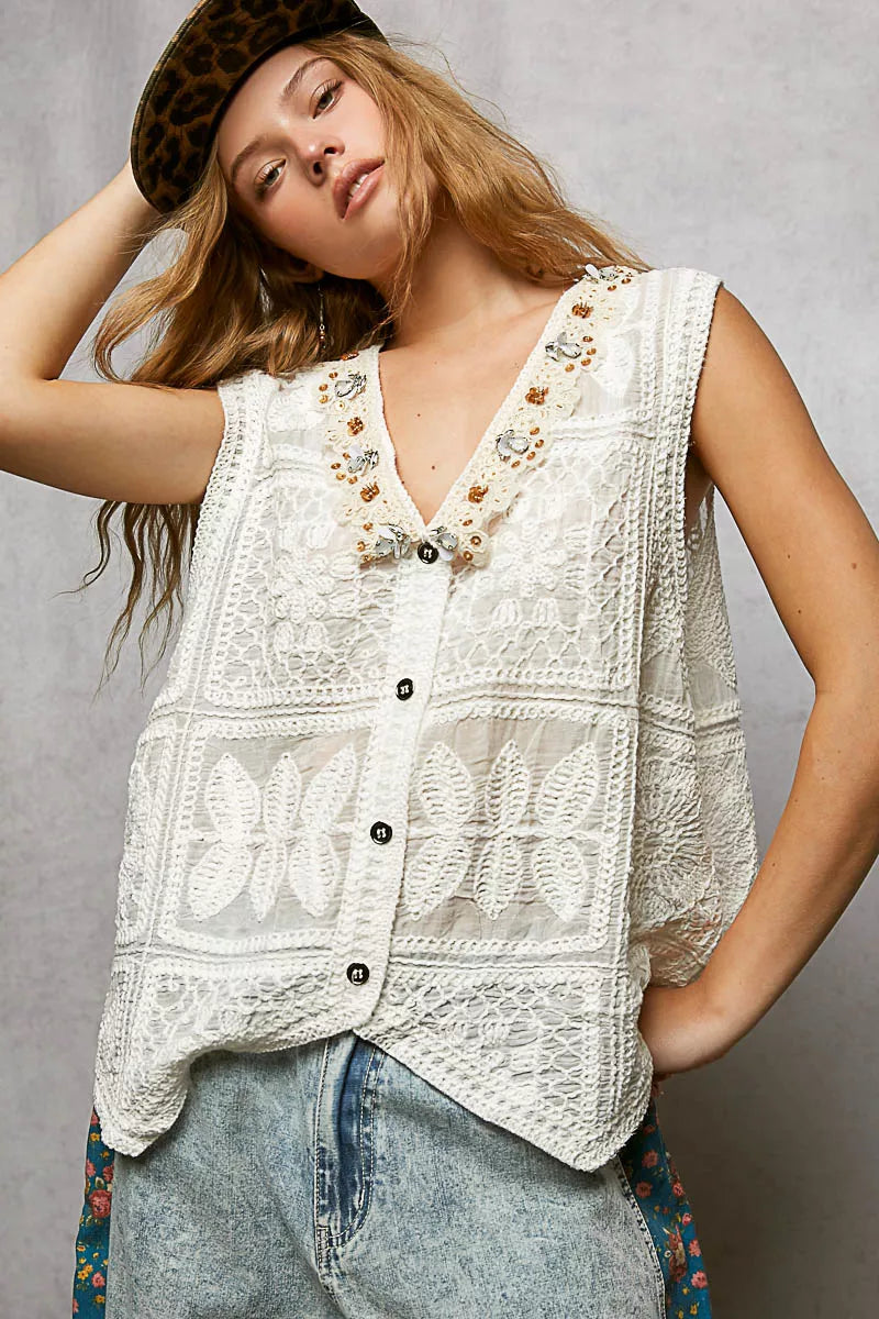 POL Lace Trim Embroidered Floral V-Neck Crochet Vest