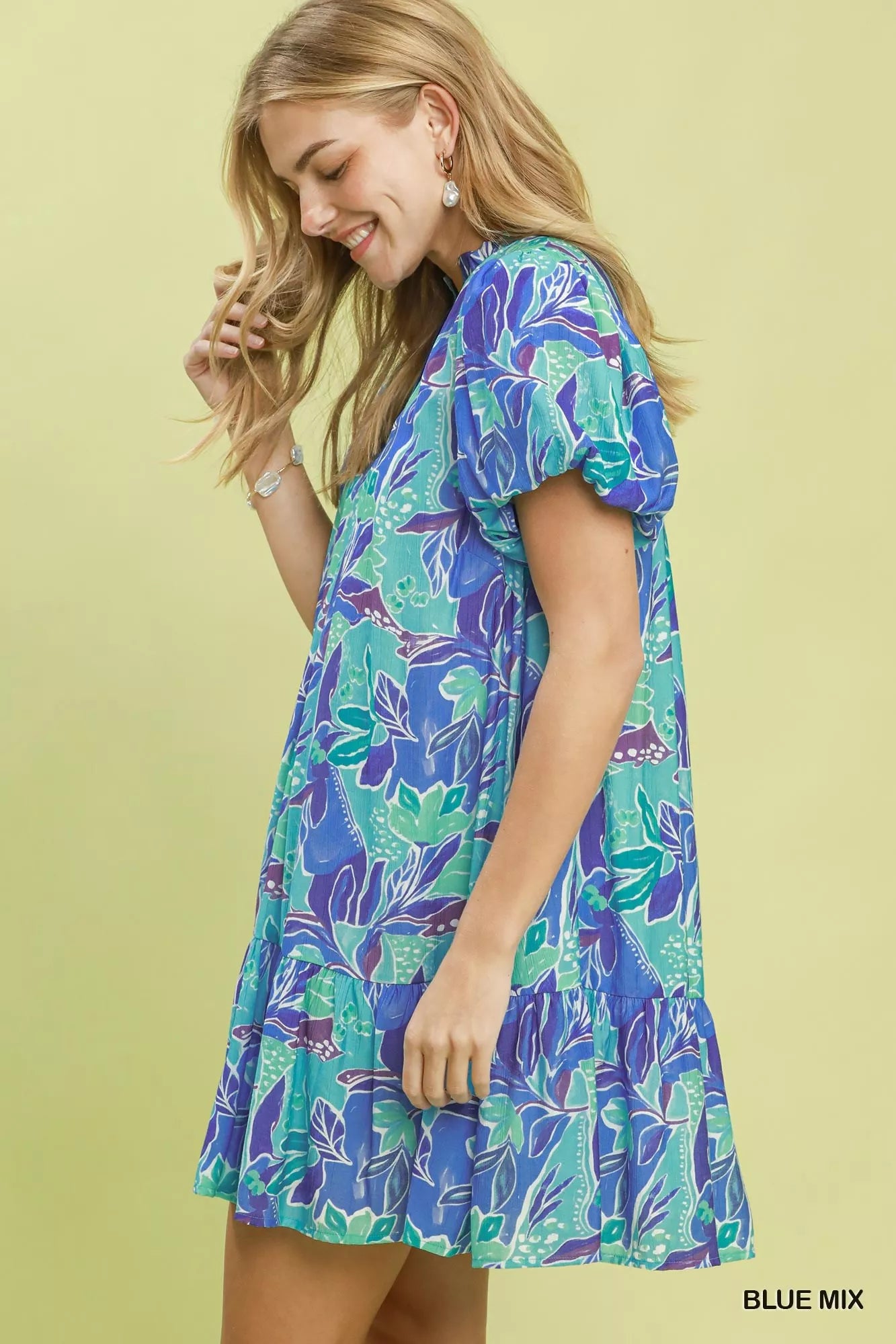 Umgee Tropical Floral Puff Sleeve Tiered Mini Dress