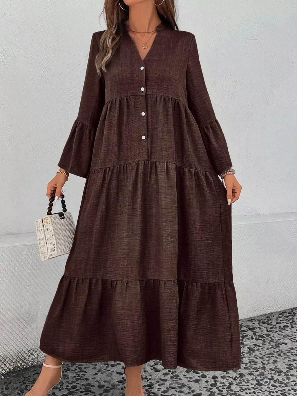 Ruffle Hem Button Front Tiered Dress