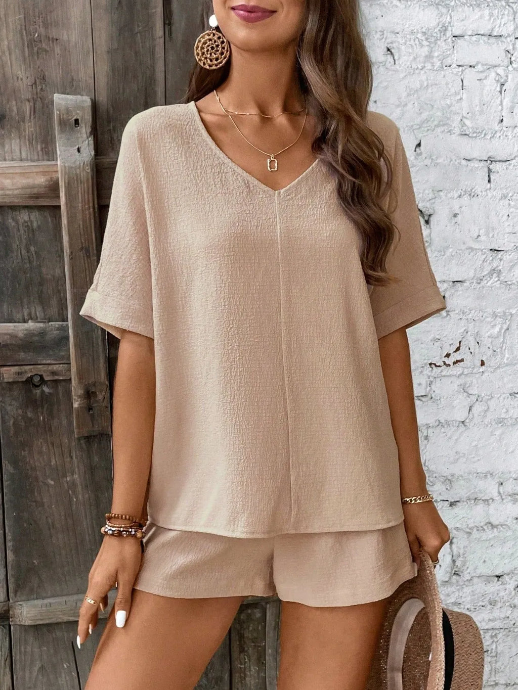 V-Neck Half Sleeve Top and Shorts Set