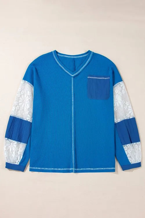 Lace Patchwork Sleeve Stitching V Neck Top