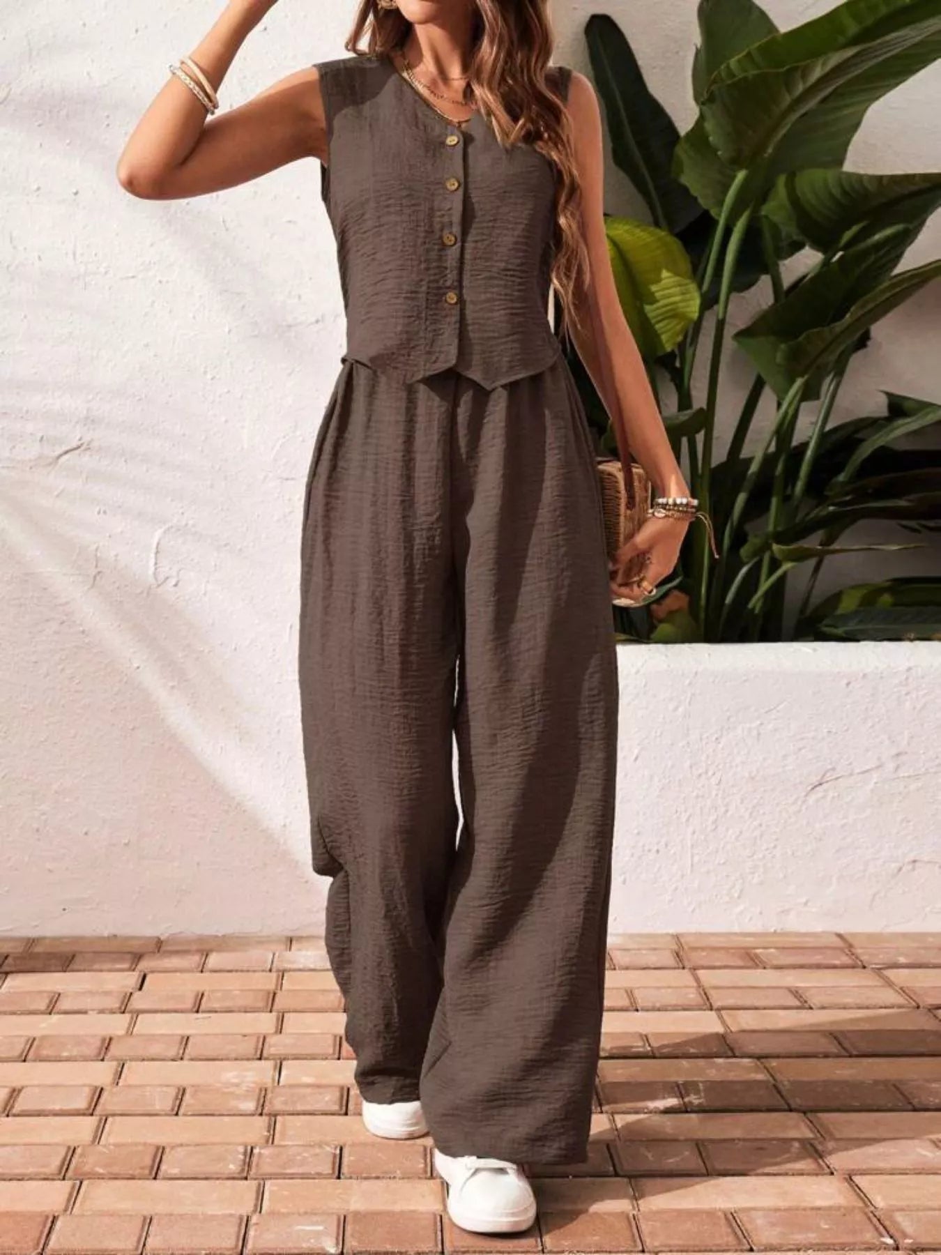 Button-Down Vest & Wide Leg Pants Set