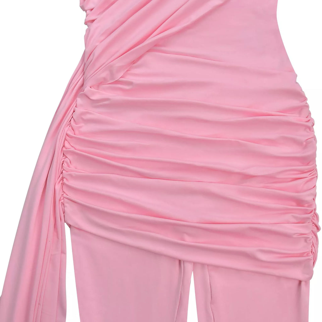 Ruched One-Shoulder Flare Leg Jumpsuit