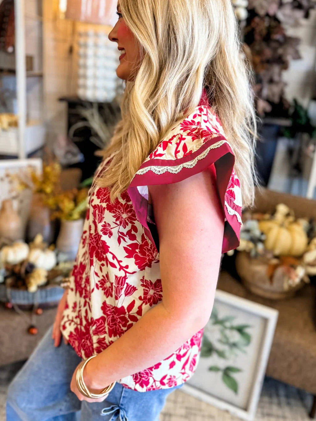 Floral Print Color Block Trim Lace Detail V Neck Flutter Sleeve Blouse