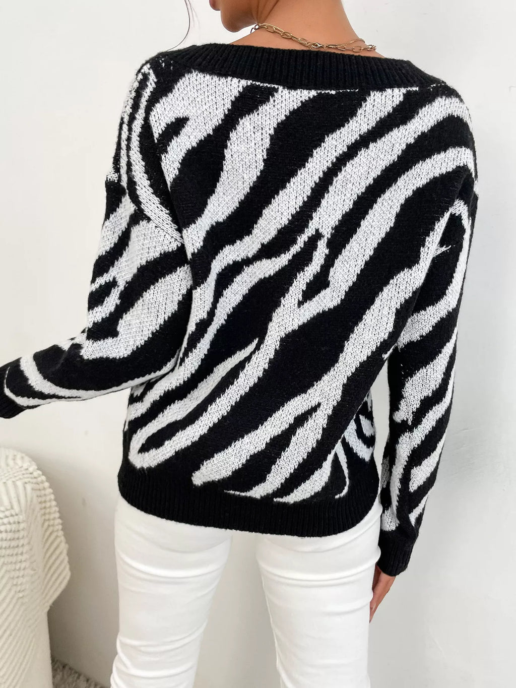 Zebra Print Relaxed Fit Pullover Sweater