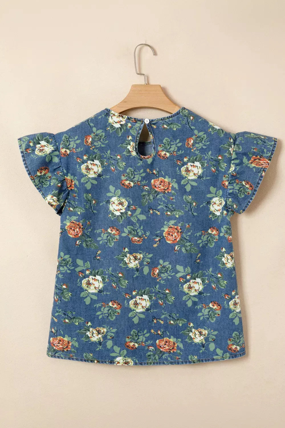 Ruffled Short Sleeve Floral Denim Top