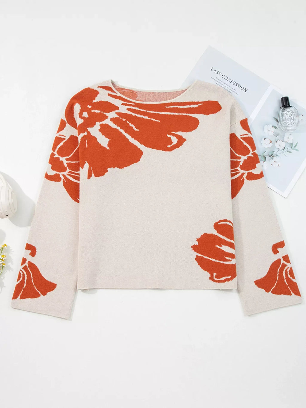 Flower Pattern Wide Sleeve Baggy Sweater