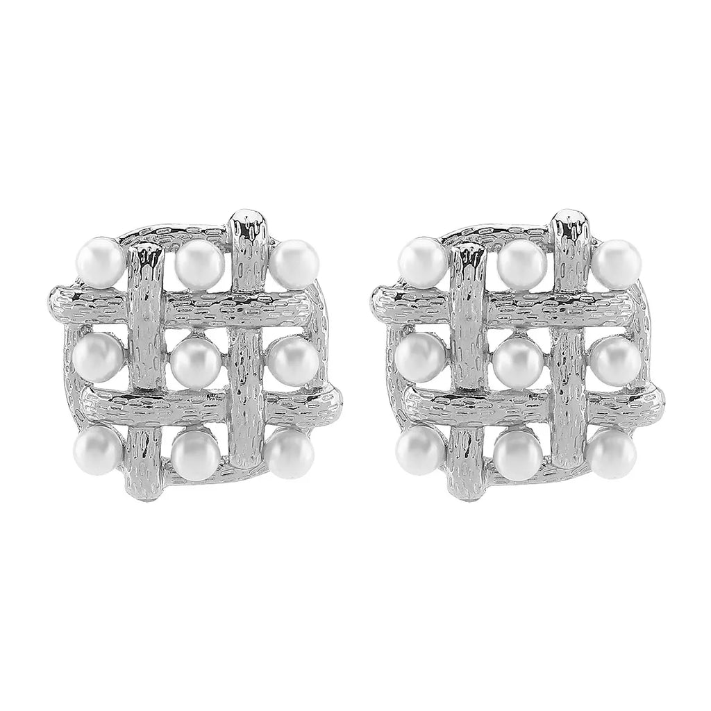 Pearl Grid Square Stud Earrings