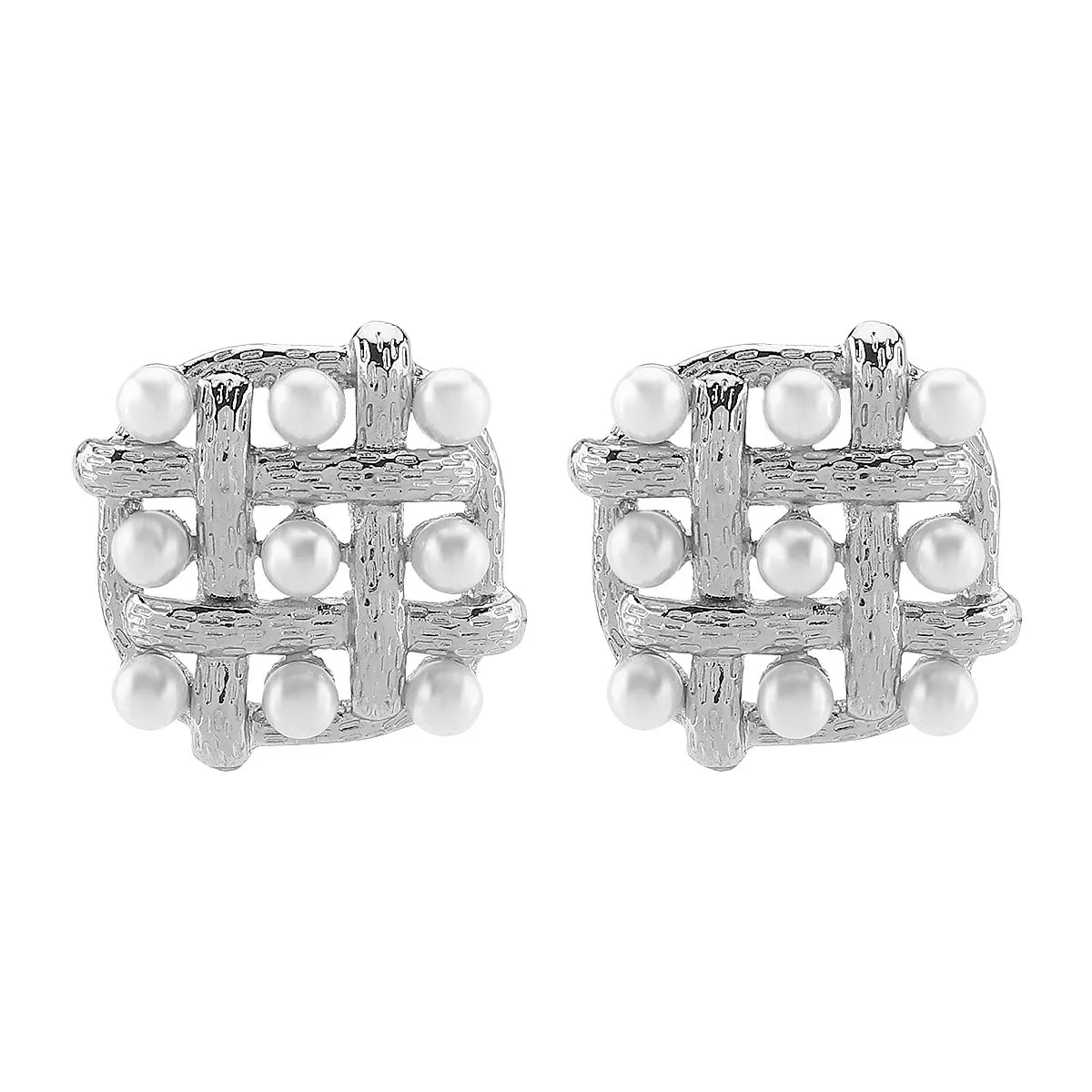 Pearl Grid Square Stud Earrings