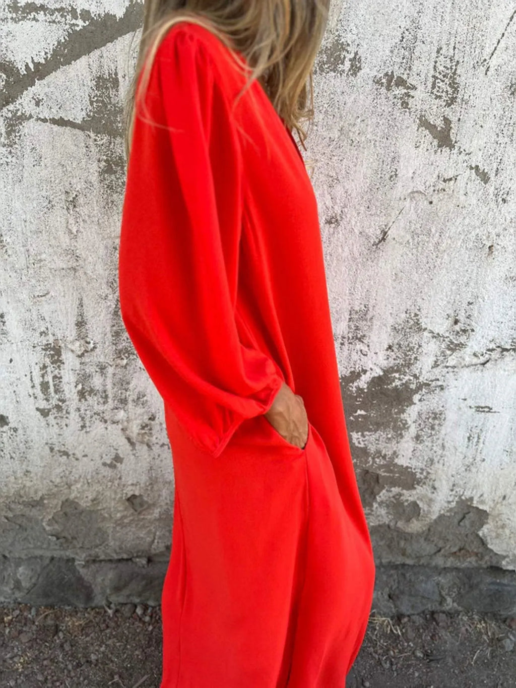 Full Size Slit V-Neck Balloon Sleeve Midi Dress Plus Size