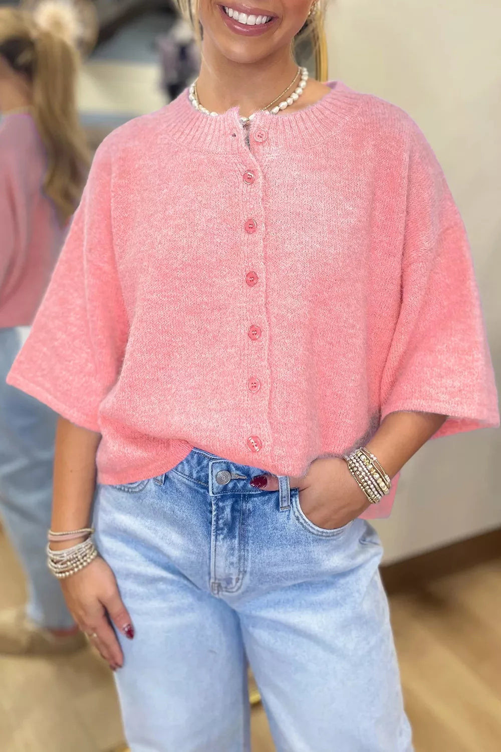 Blossom 3/4 Sleeve Boxy Knit Button Down Sweater Cardigan