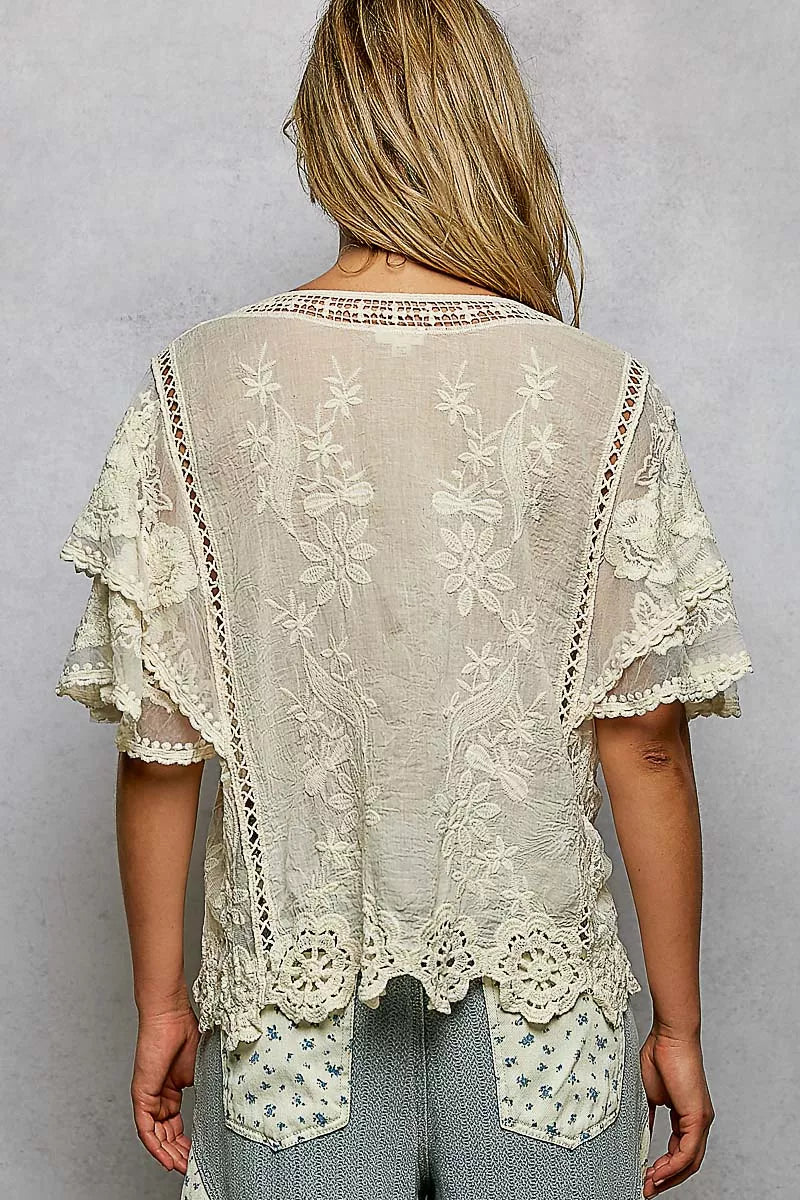 POL Floral Crochet V-Neck Short Sleeve Blouse with Scalloped Hem
