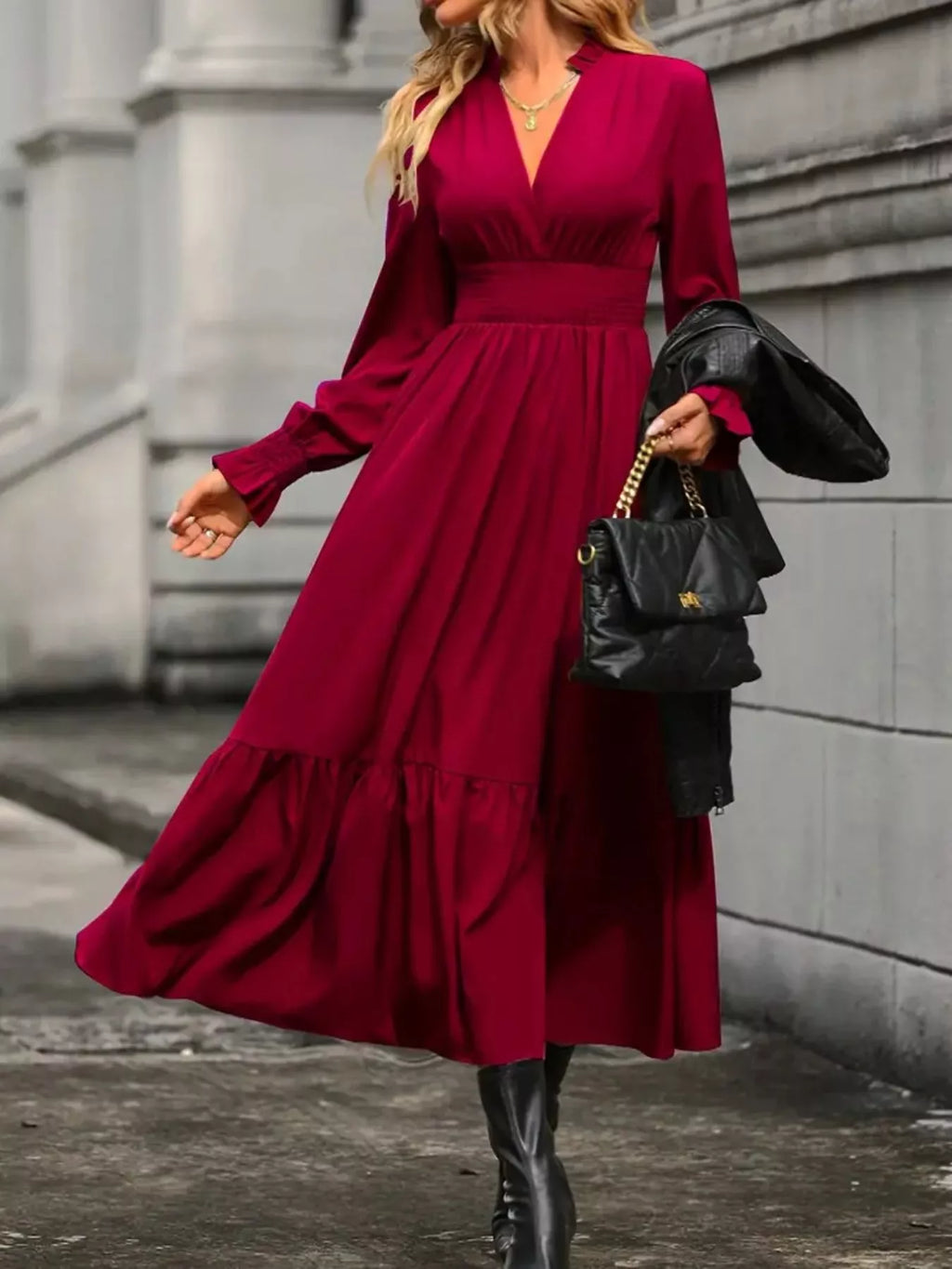 Surplice Long Sleeve Tiered Midi Dress