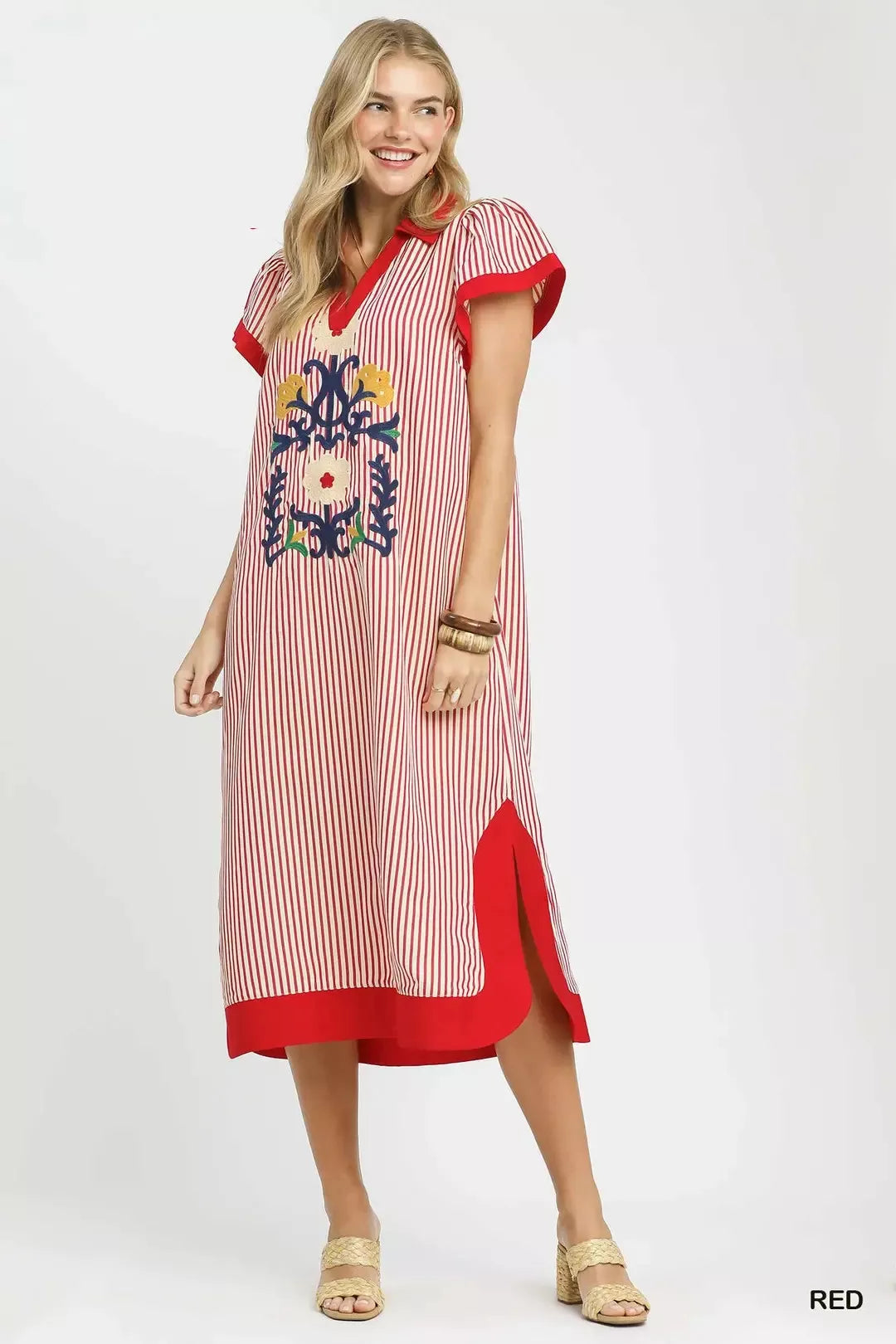 Umgee Floral Embroidered Stripe Dress with Side Slits