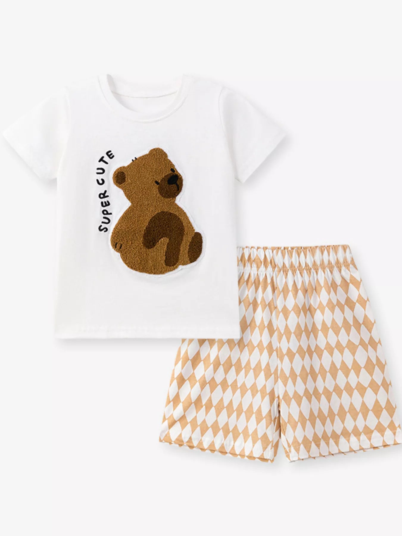 Children's Bear Graphic Tee & Diamond Pattern Shorts Set