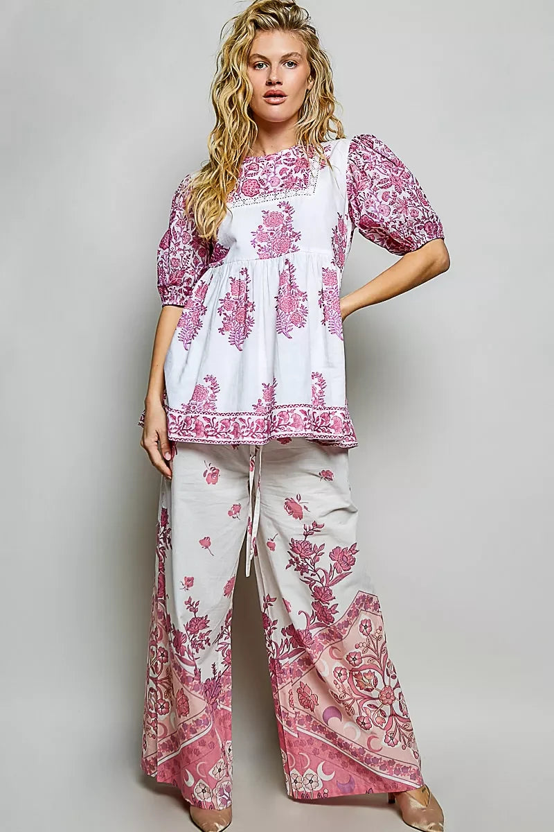 POL Vintage Hand Block Print Floral Woven Blouse