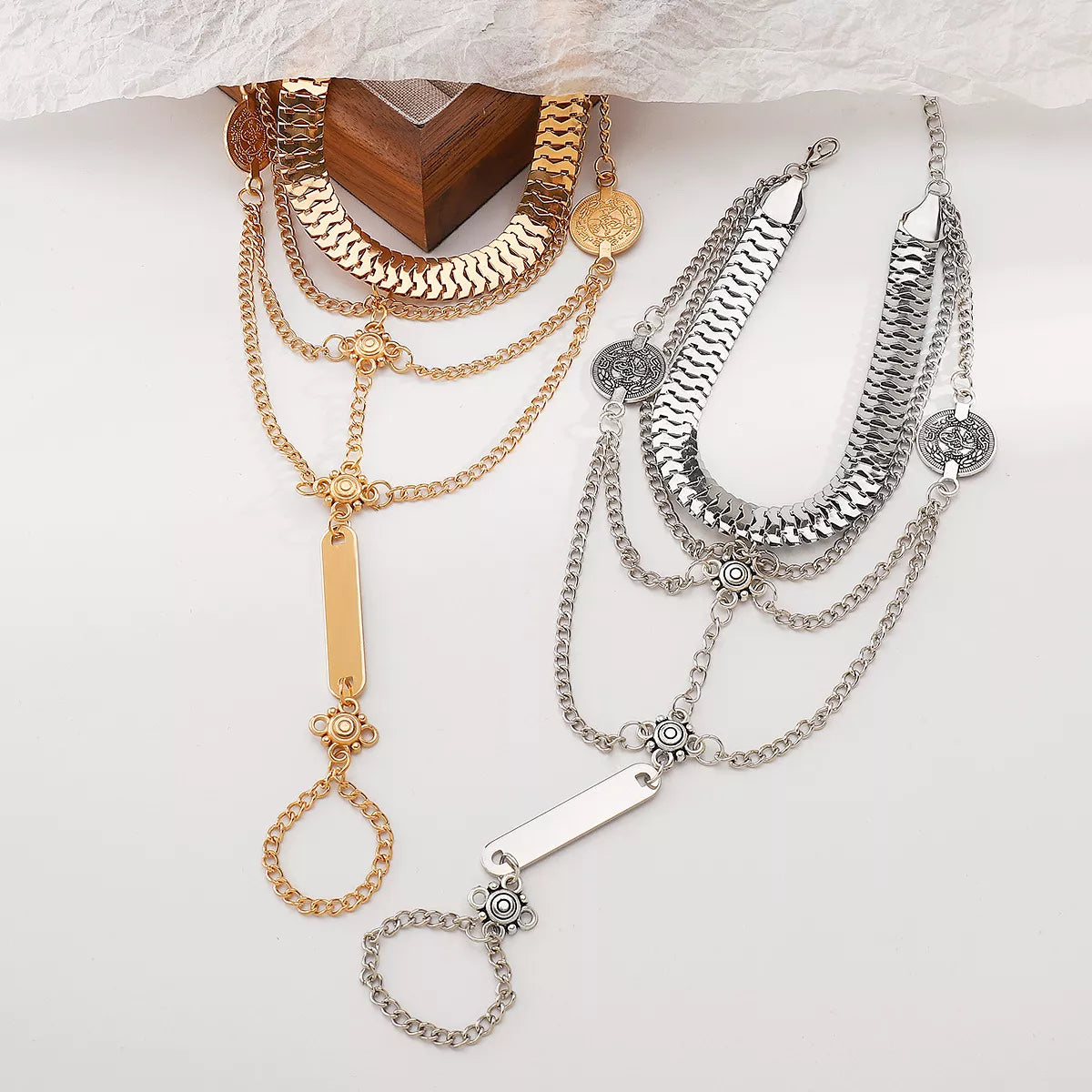 Multi Layered Chain Bracelet with Finger Ring