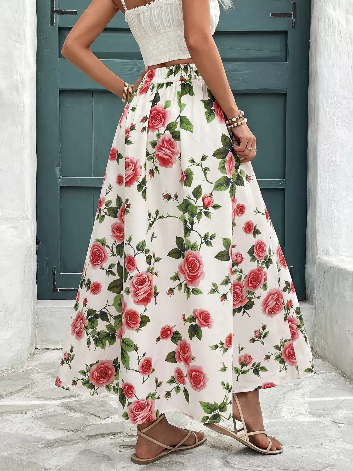 Rose Print Flowy Maxi Skirt