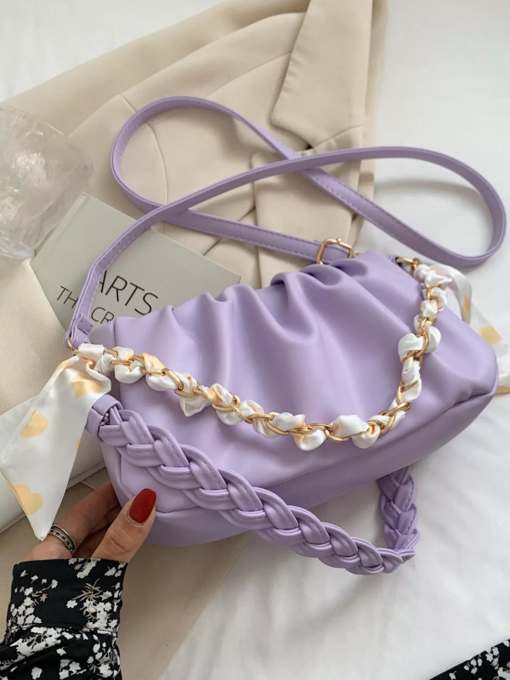 Ruched Braided Handle Shoulder Bag