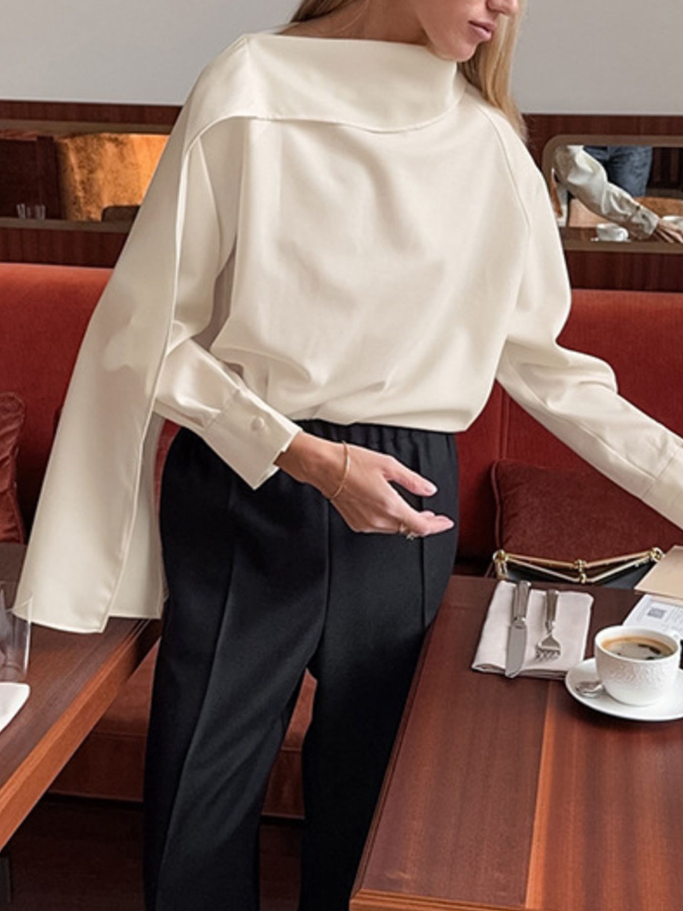 Asymmetrical High Collar Long Sleeve Blouse