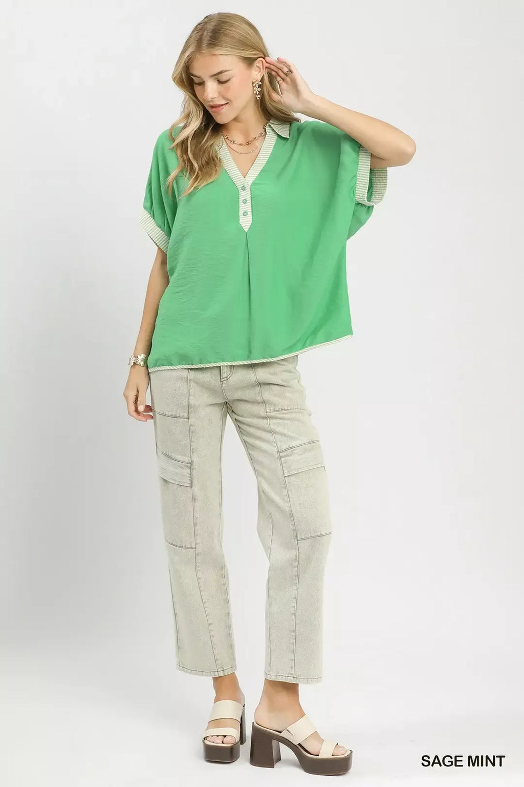 Umgee Oversized Contrast Stripe Trim Top