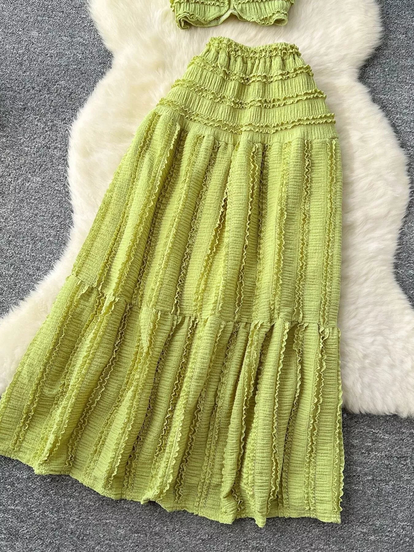 Textured Crop Top and Tiered Skirt Set