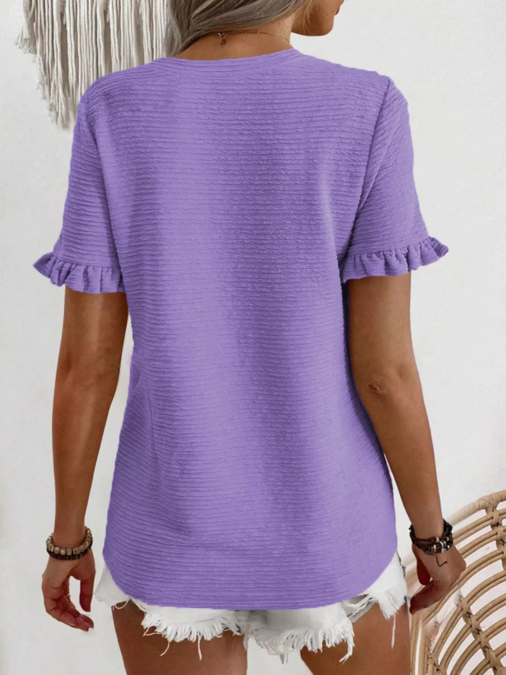 Textured Ruffle Sleeve Round Neck T-Shirt
