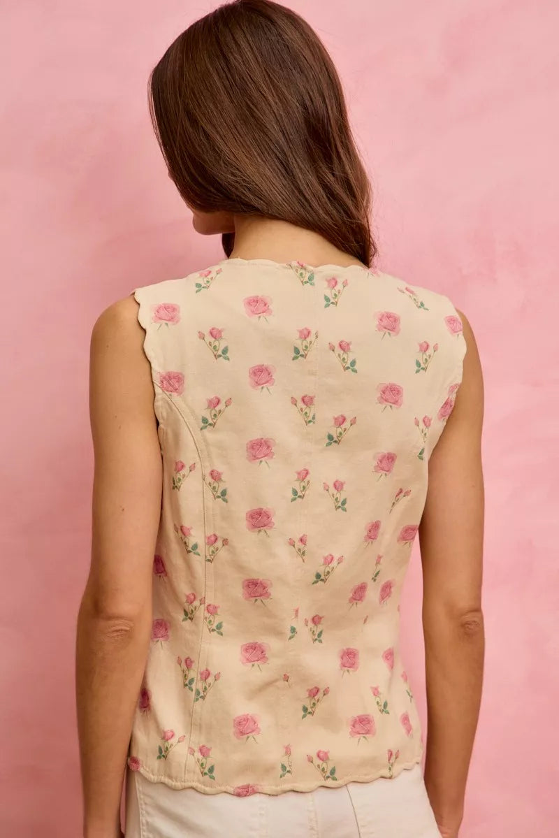 SO ME Floral Rose Cotton Twill Scallop Button Vest Top