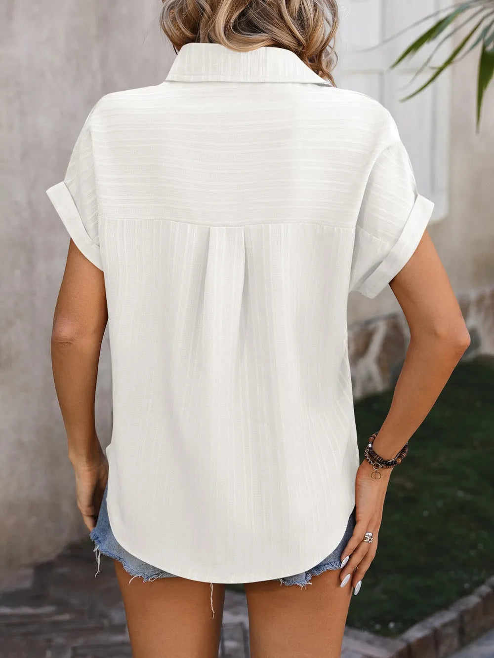 Mandy Textured Button Up Cap Sleeve Shirt