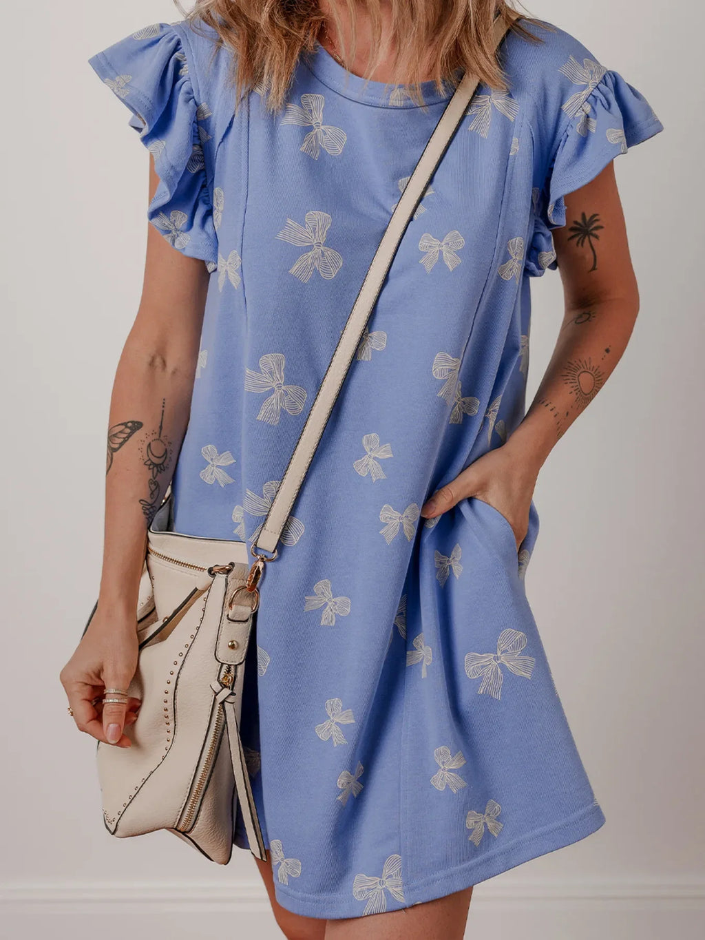 Bow Knot Print Crewneck Ruffled Sleeve Shift Mini Dress