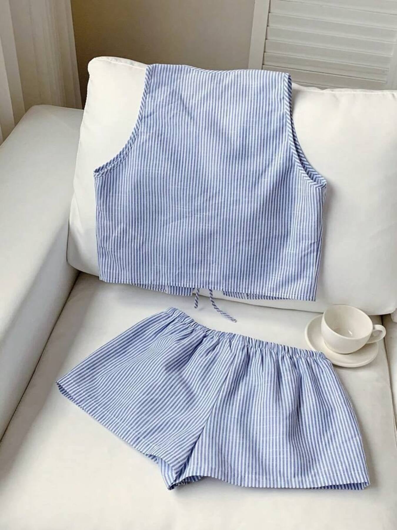 Striped Tie-Front Vest and Shorts Set