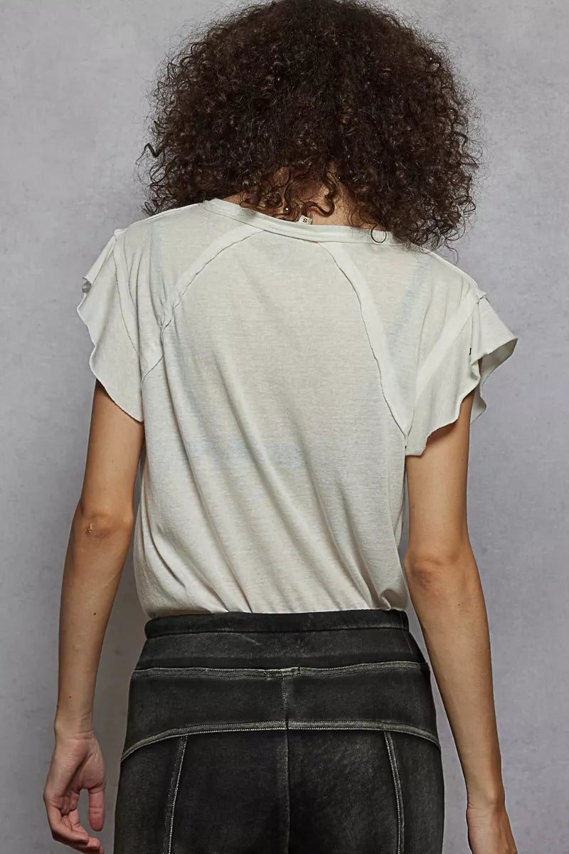POL V-Neck Short Sleeve T-Shirt with Ruffle Sleeve