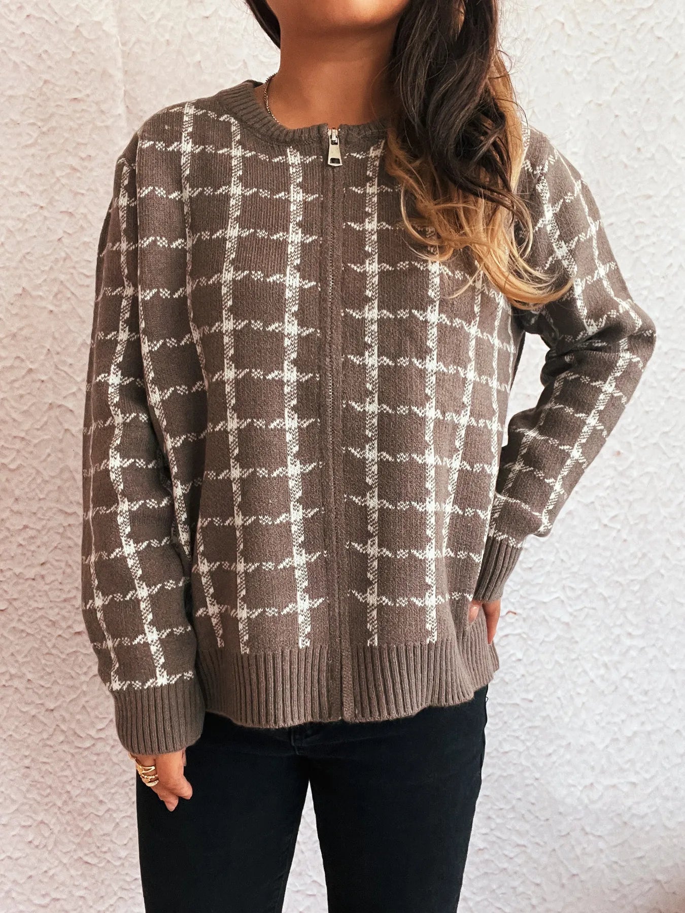 Plaid Pattern Zip Up Cardigan