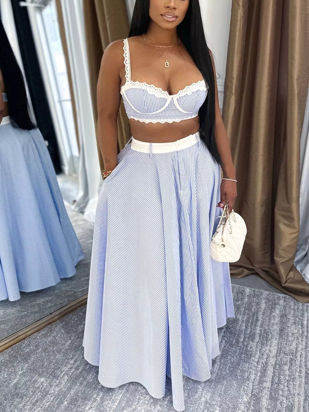 Striped Lace Trim Cami and Skirt Two-Piece Set