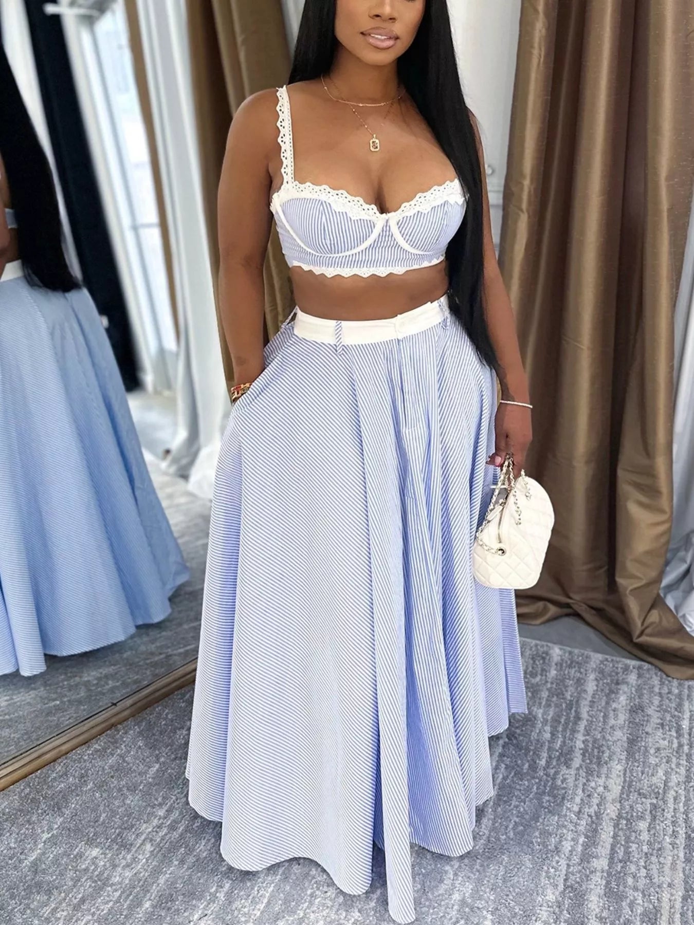 Striped Lace Trim Cami and Skirt Two-Piece Set