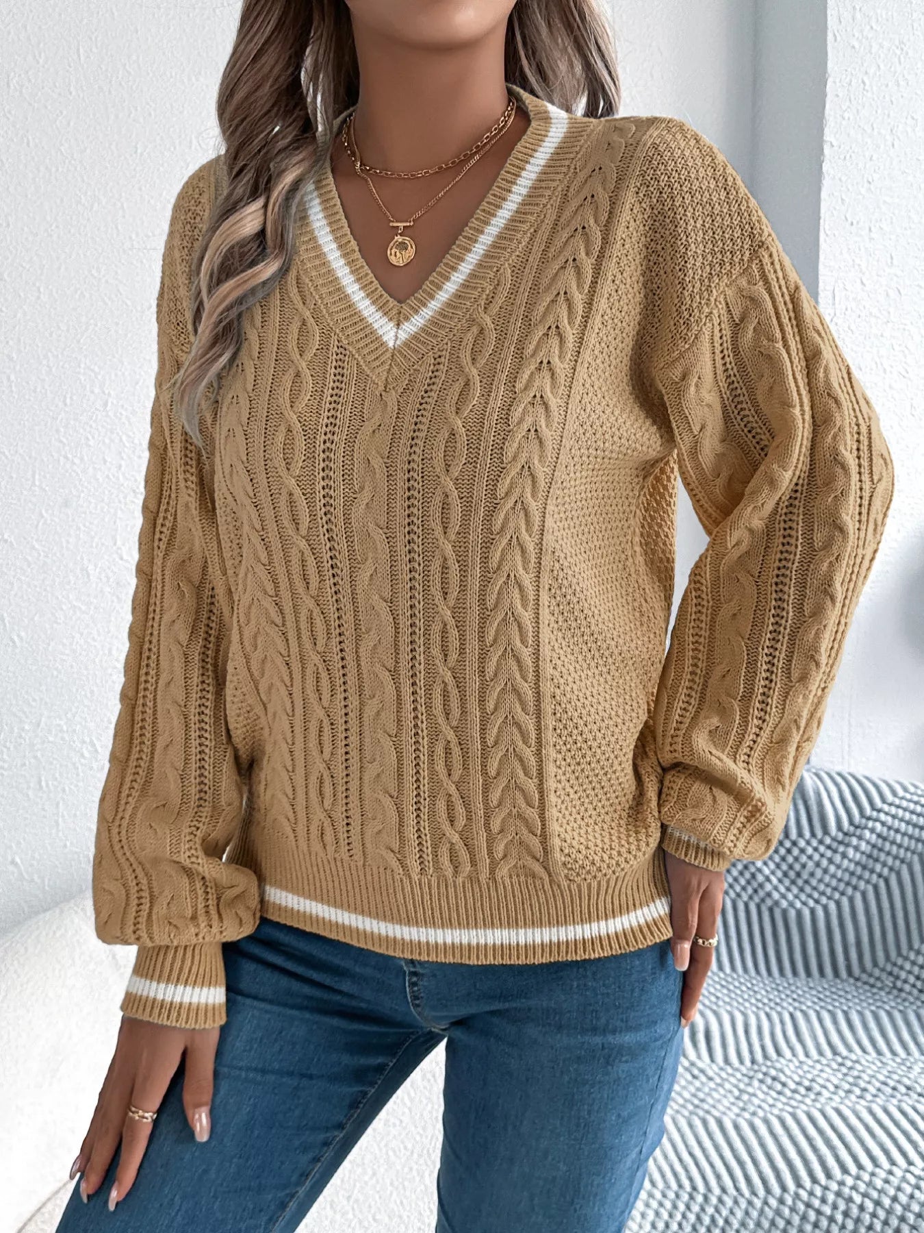 Cable Knit V-Neck Long Sleeve Sweater