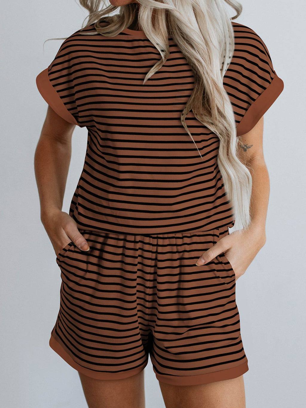 Stripe Ribbed Dolman Tee and Elastic Waist Casual Short Set