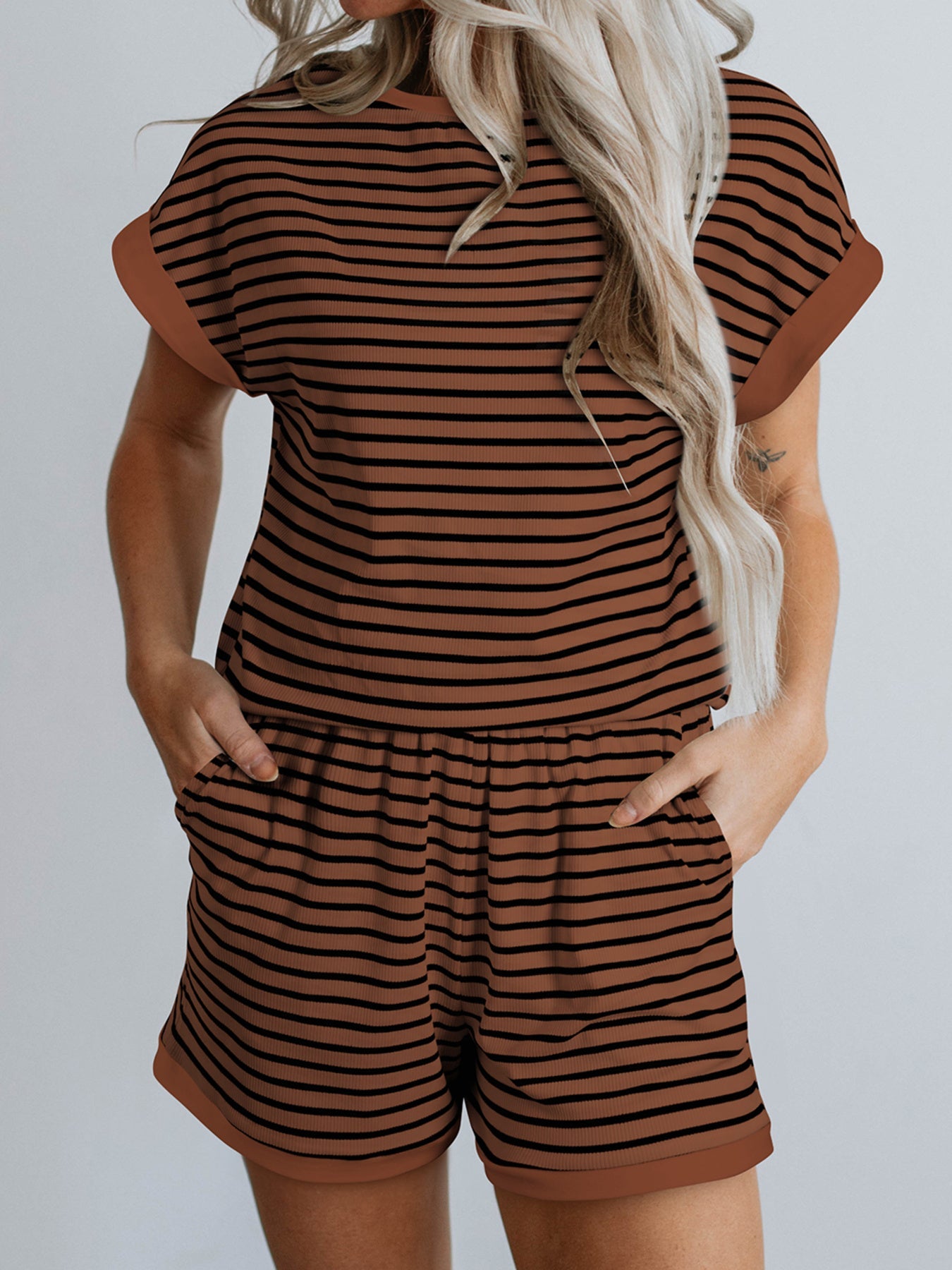 Stripe Ribbed Dolman Tee and Elastic Waist Casual Short Set