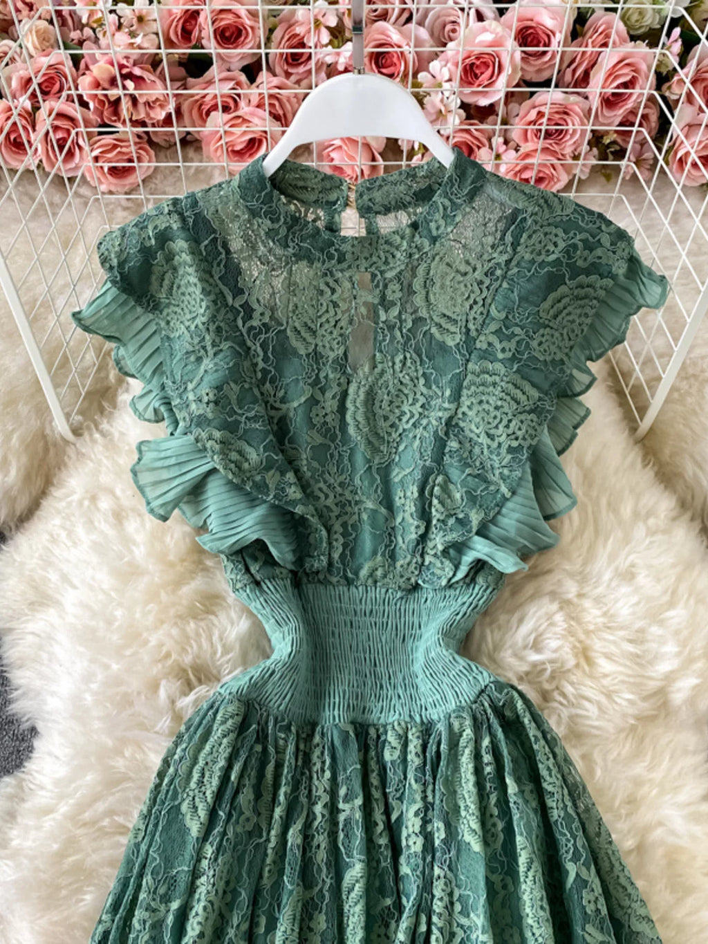 Ruffled Mock Neck Lace Maxi Dress
