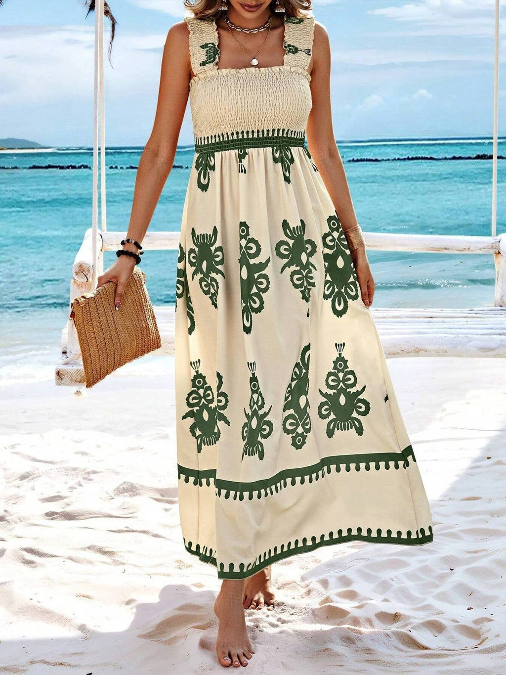 Smocked Bodice Colorful Print Tank Dress