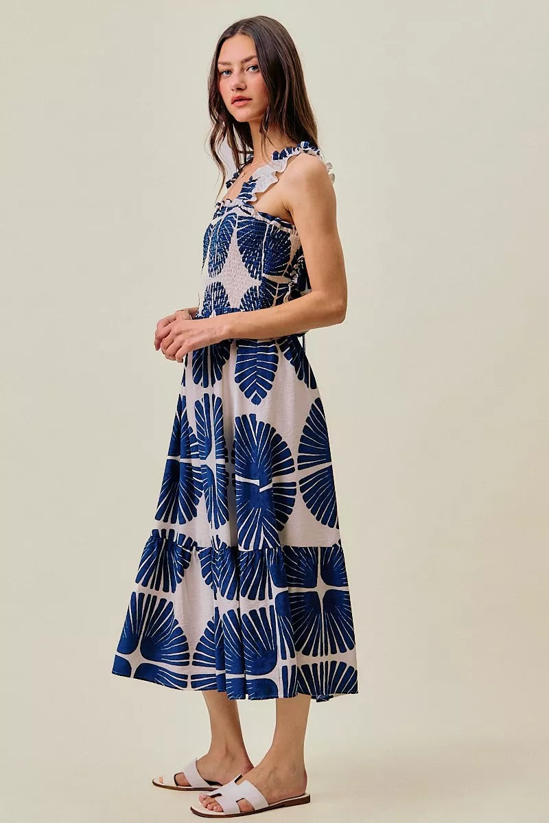 SO ME Abstract Print Smocked Bodice Tiered Lined Midi Dress