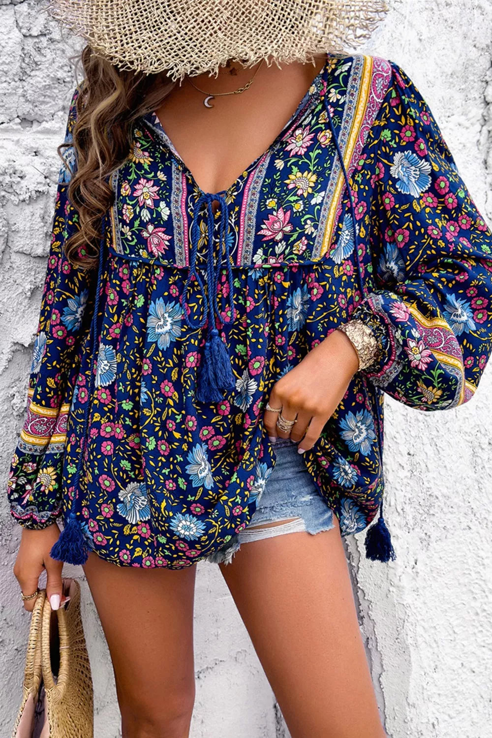 Floral Print Tie Neck Blouse