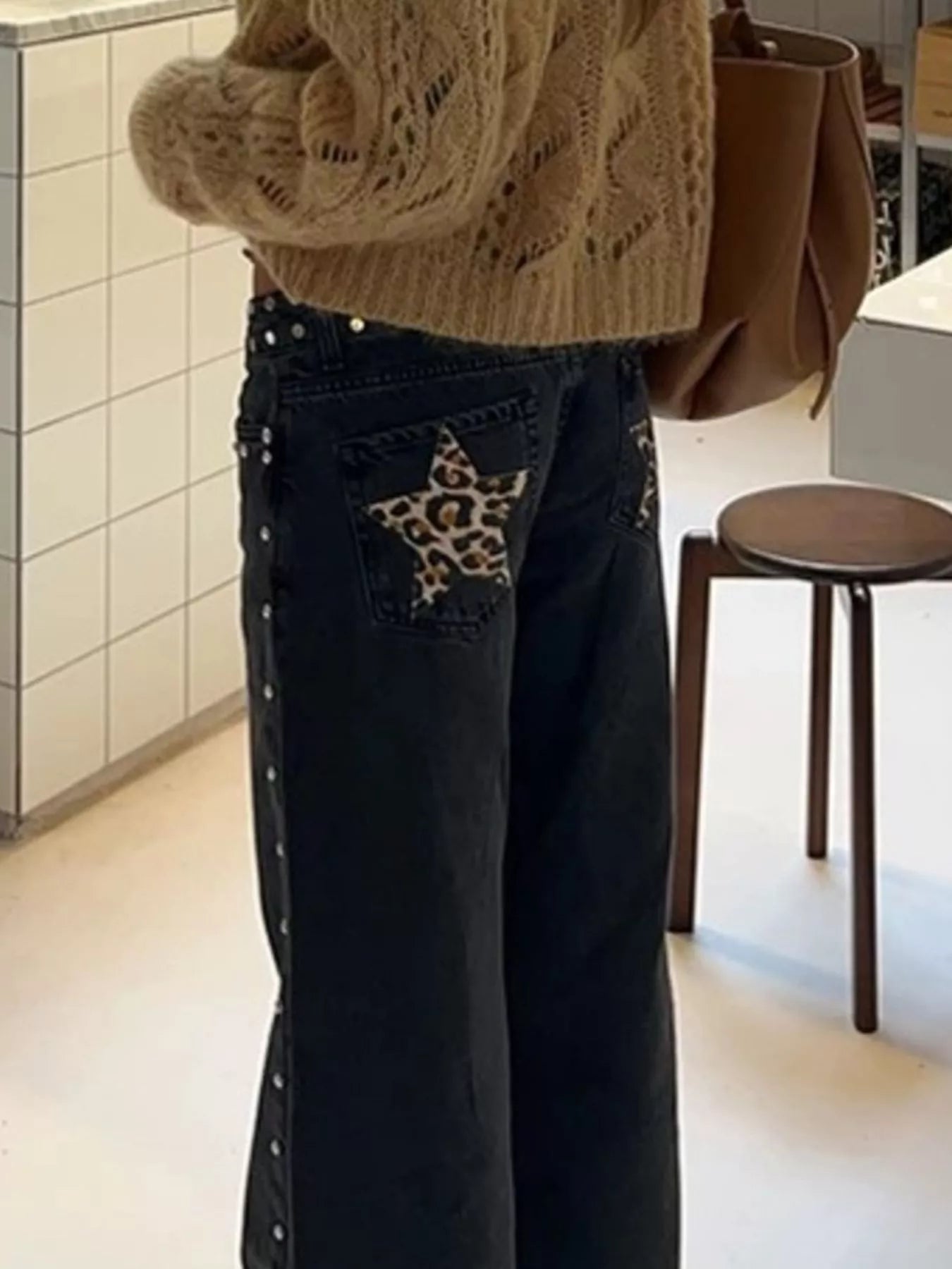 Leopard Star Patches Wide Leg Jeans