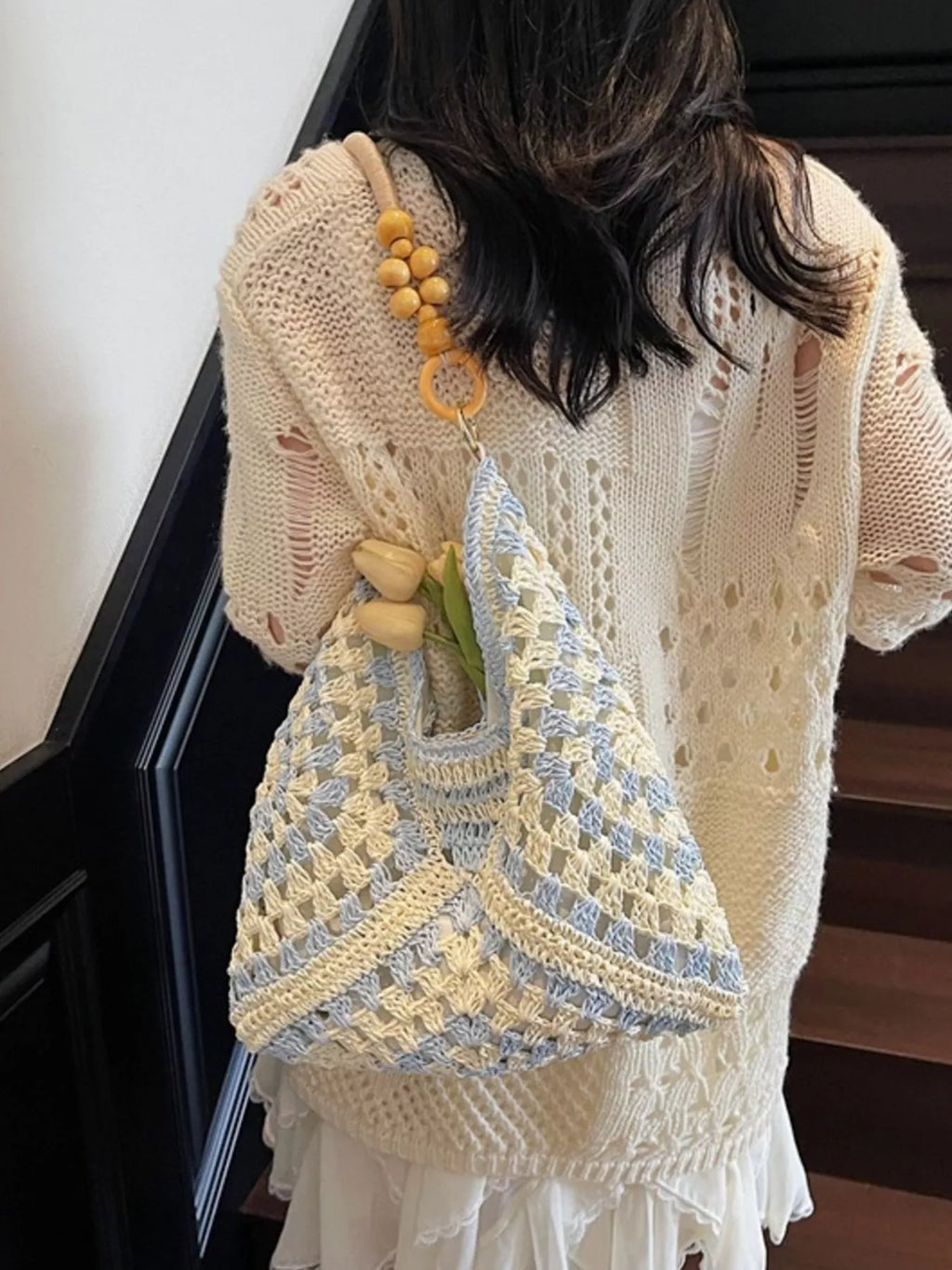 Contrast Crochet Shoulder Bag