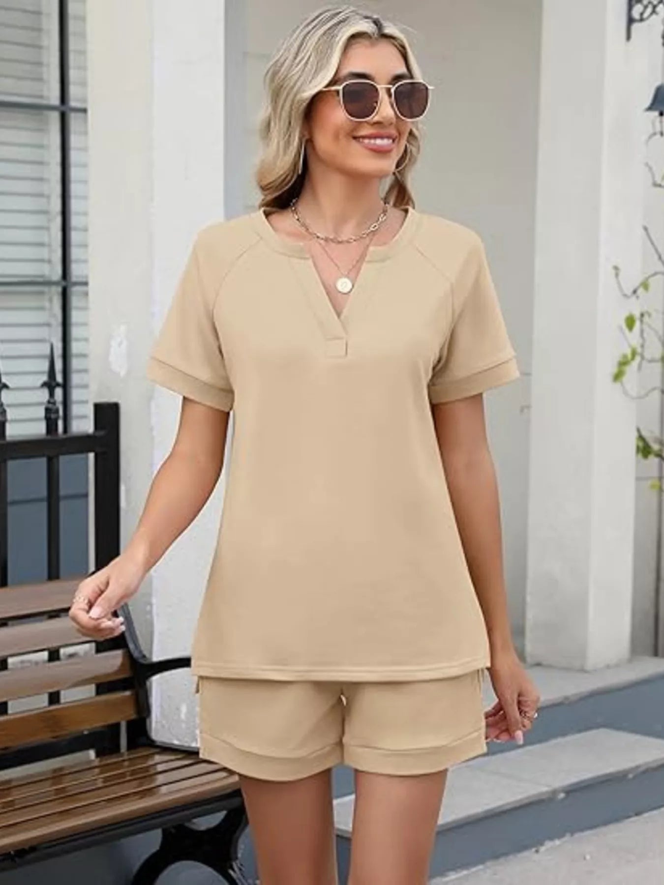 Solid Color Short Sleeve Top and Shorts Two-Piece Set