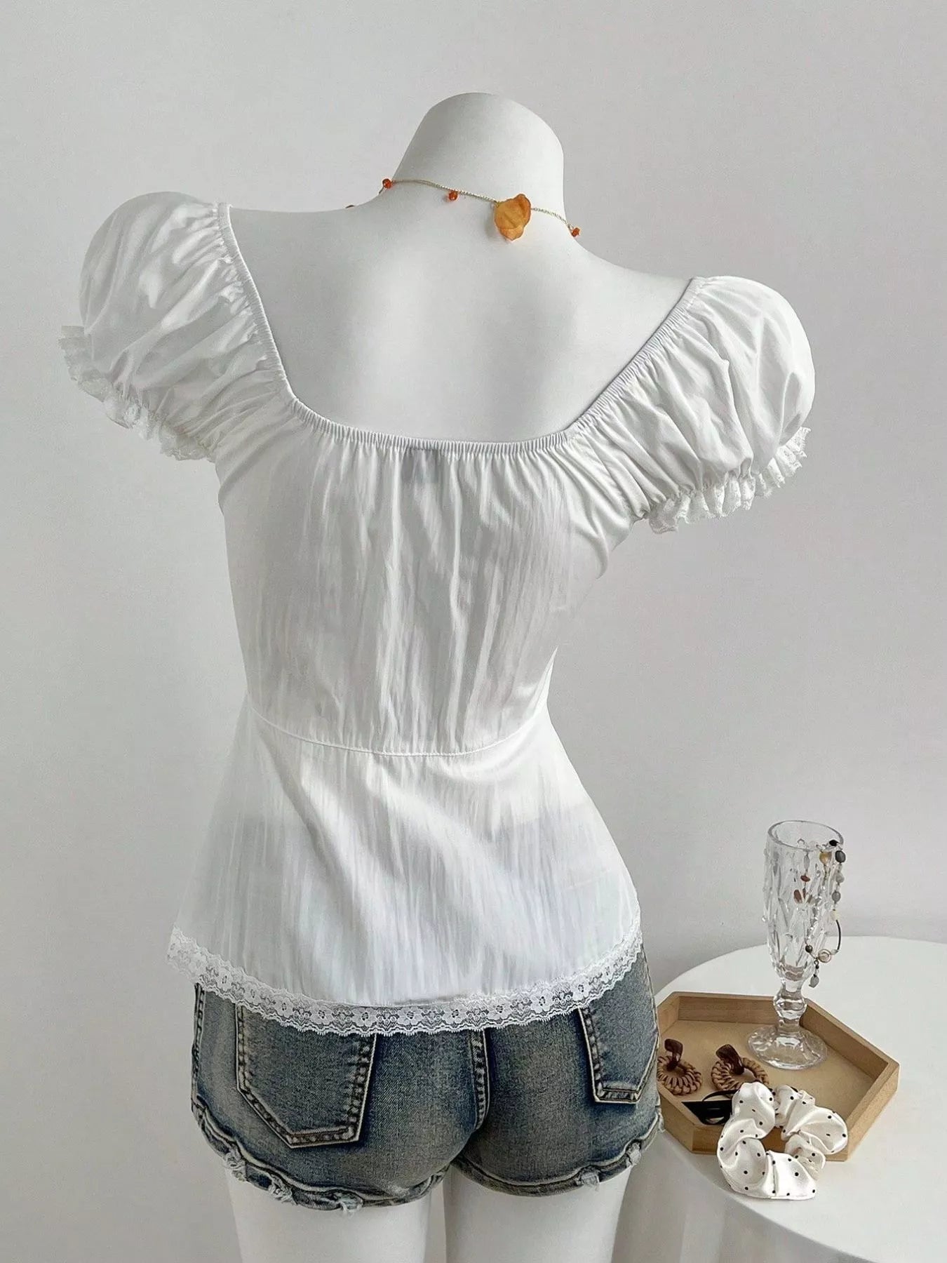 Lace Button Up Short Sleeve Shirt
